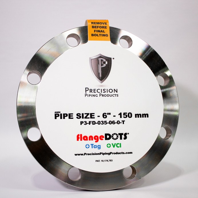 P3 flangeDOT with remove-before-bolting tag on a 6 inch flange P3 flangeDOT with remove-before-bolting tag on a 6 inch flange