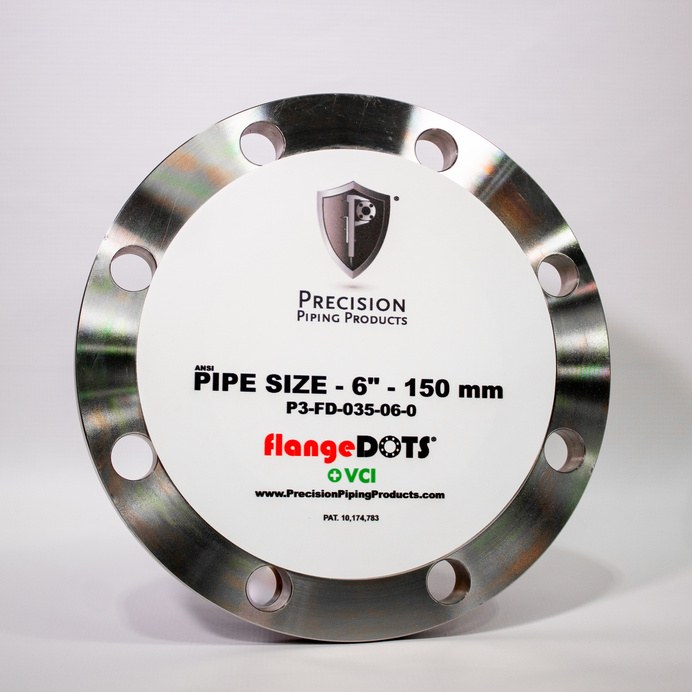 P3 flangeDOT adhesive VCI flange protector on a 6 inch raised face flange P3 flangeDOT adhesive VCI flange protector on a 6 inch raised face flange